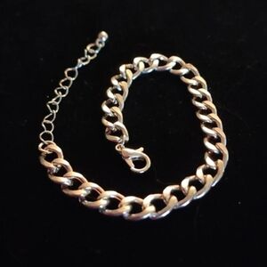 Metal Silver Toned Double Curb Chain Link Bracelet w/ Lobster Claw Clasp 9"
